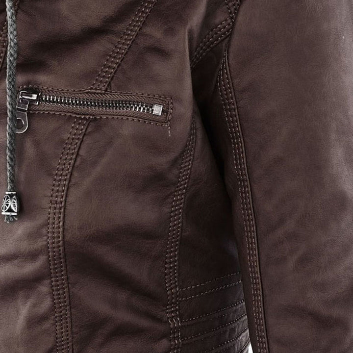 Trendy light brown women's faux leather jacket, capturing the essence of spring fashion