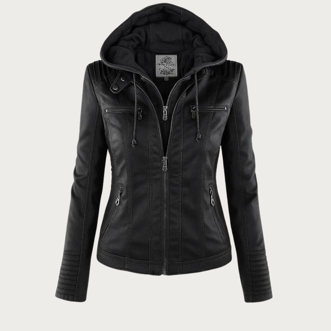 Black faux leather motorcycle jacket for women, a trendy outerwear piece for autumn