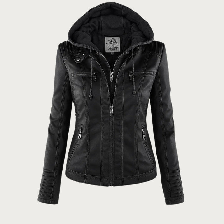 Black faux leather motorcycle jacket for women, a trendy outerwear piece for autumn