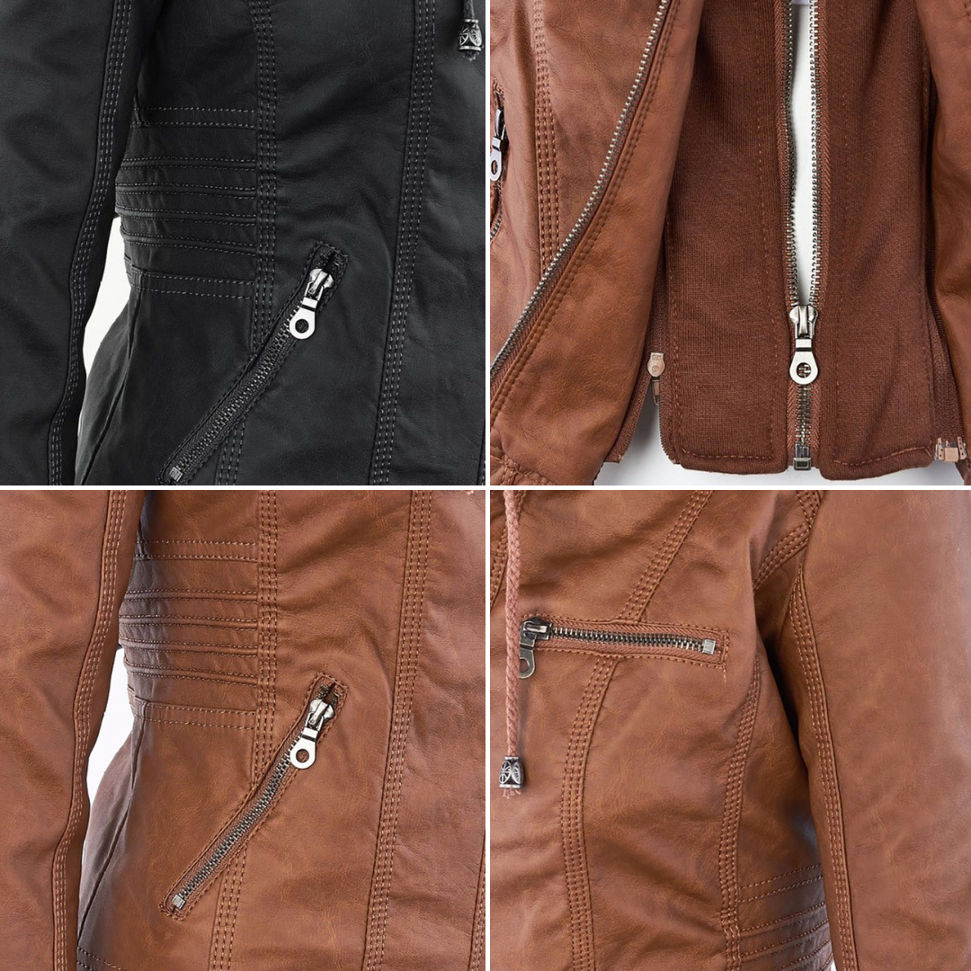 Dark brown faux leather jacket for women, offering an elegant and durable fashion statement
