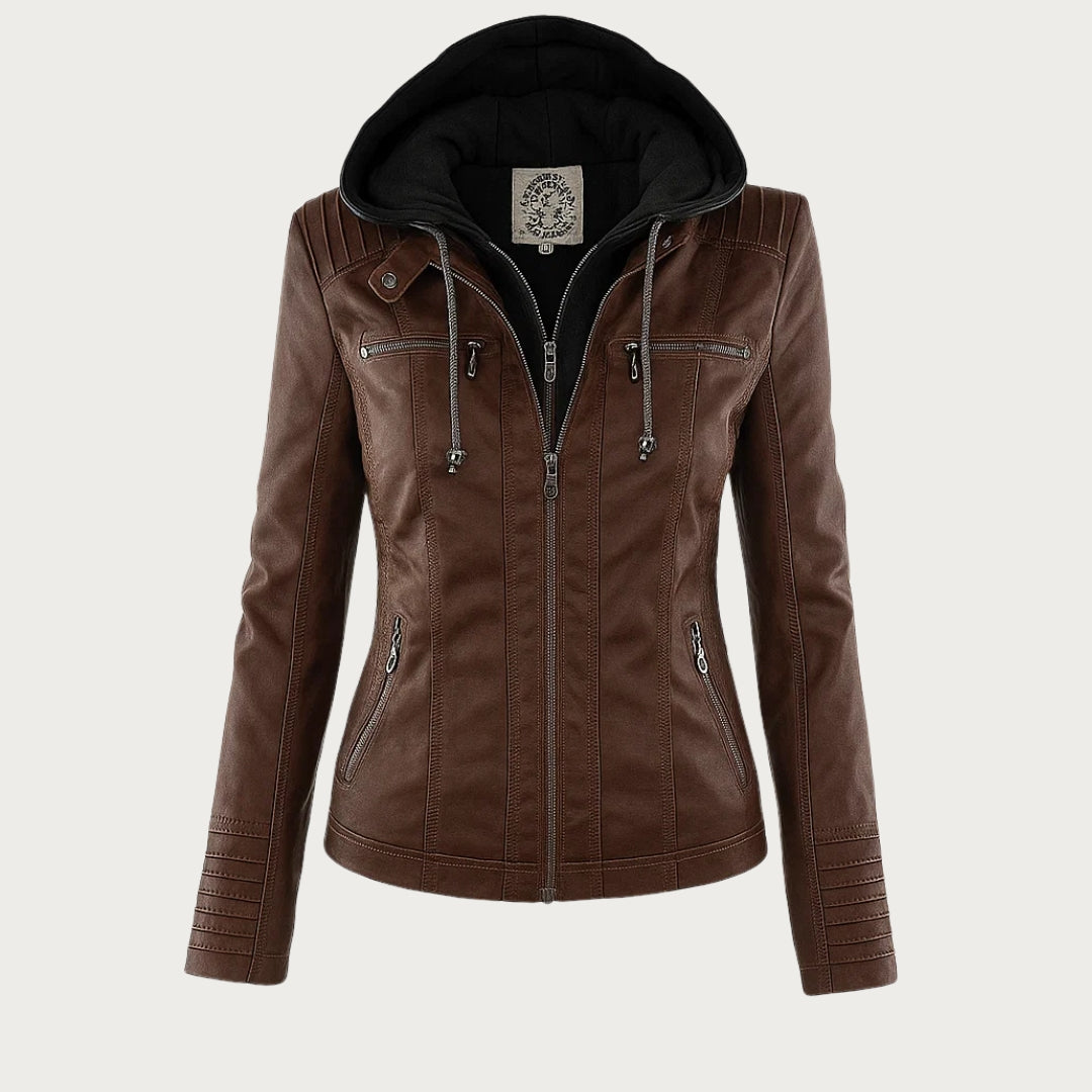 Dark brown women's faux leather jacket, an elegant and versatile spring fashion item