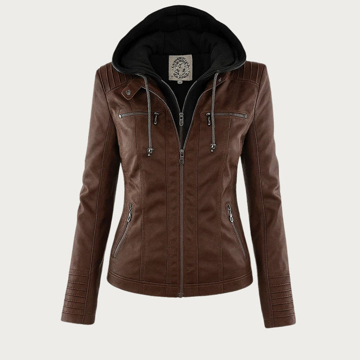 Dark brown women's faux leather jacket, an elegant and versatile spring fashion item