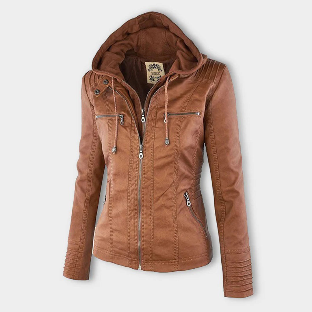 Stylish light brown faux leather jacket for women, ideal for a chic autumn look