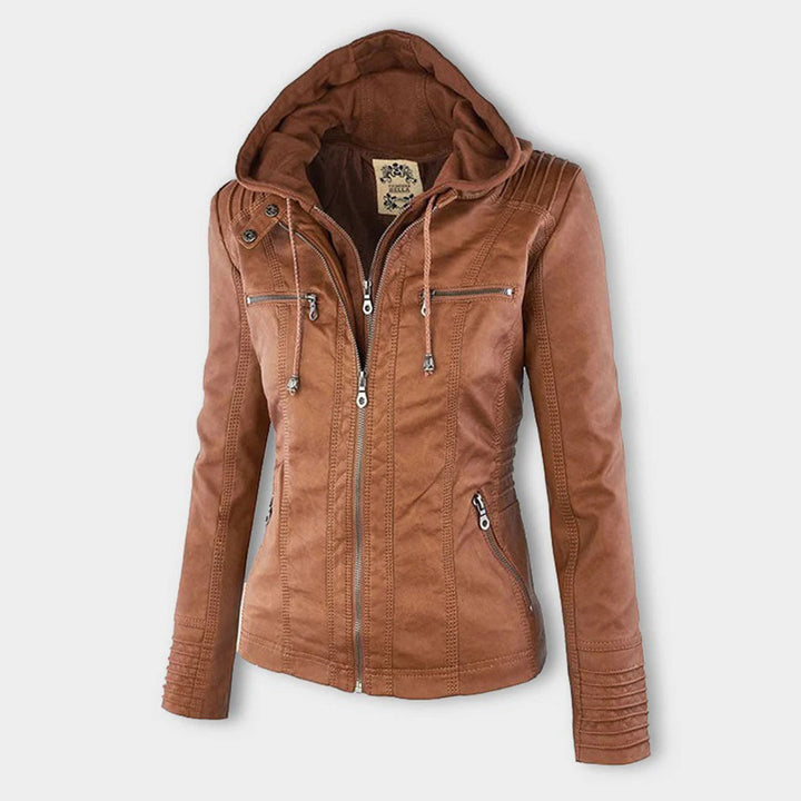 Stylish light brown faux leather jacket for women, ideal for a chic autumn look