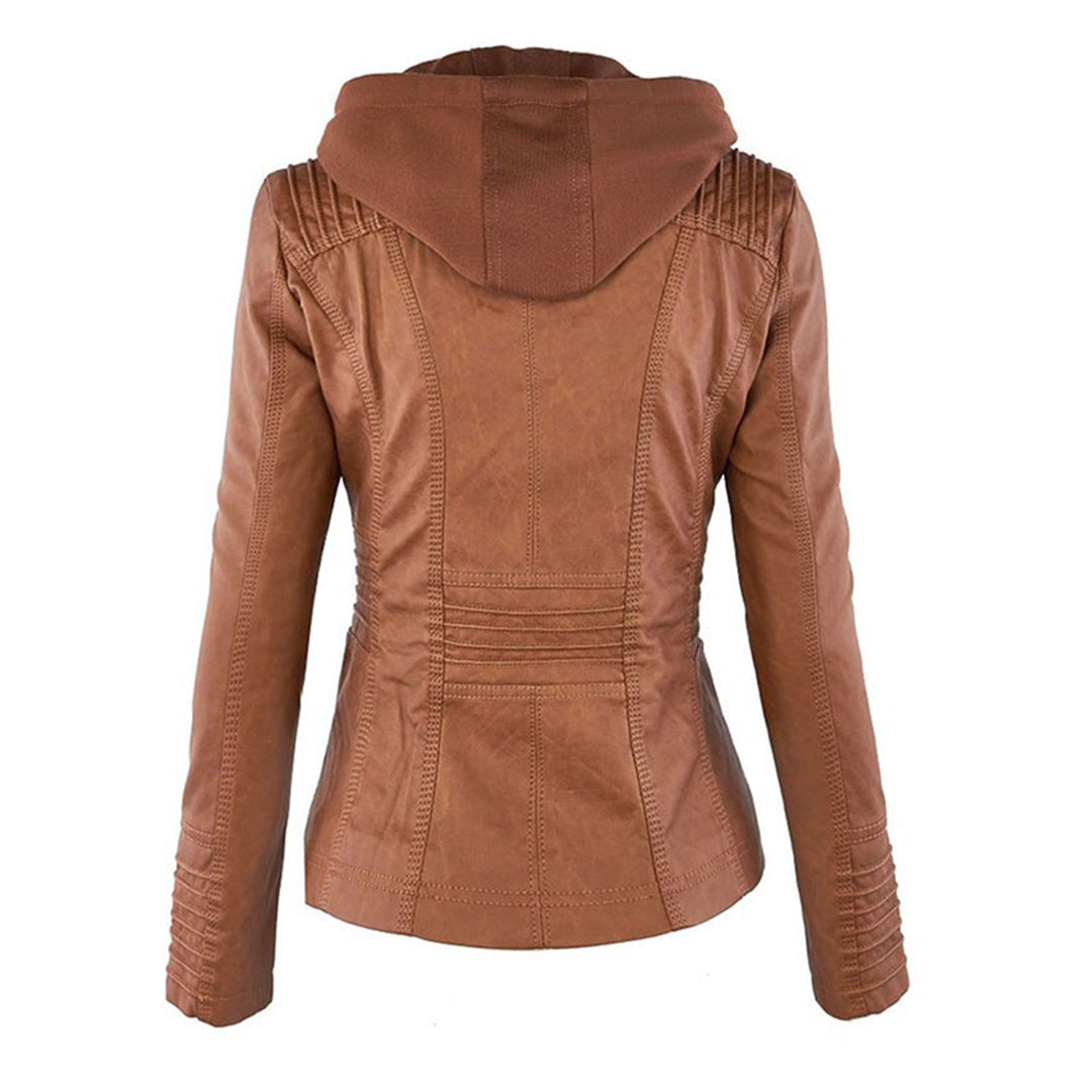 Sophisticated dark brown faux leather women's jacket with stylish detailing