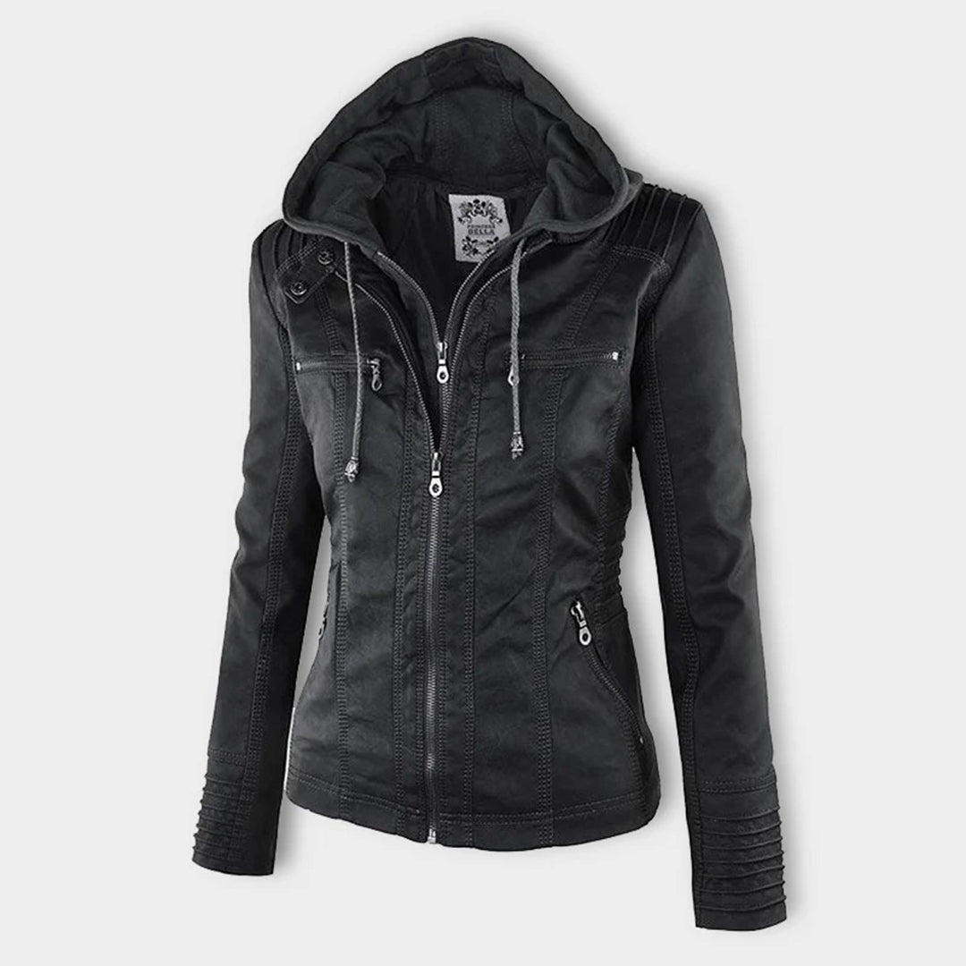 Trendy light brown faux leather jacket, perfect for spring and autumn women's fashion