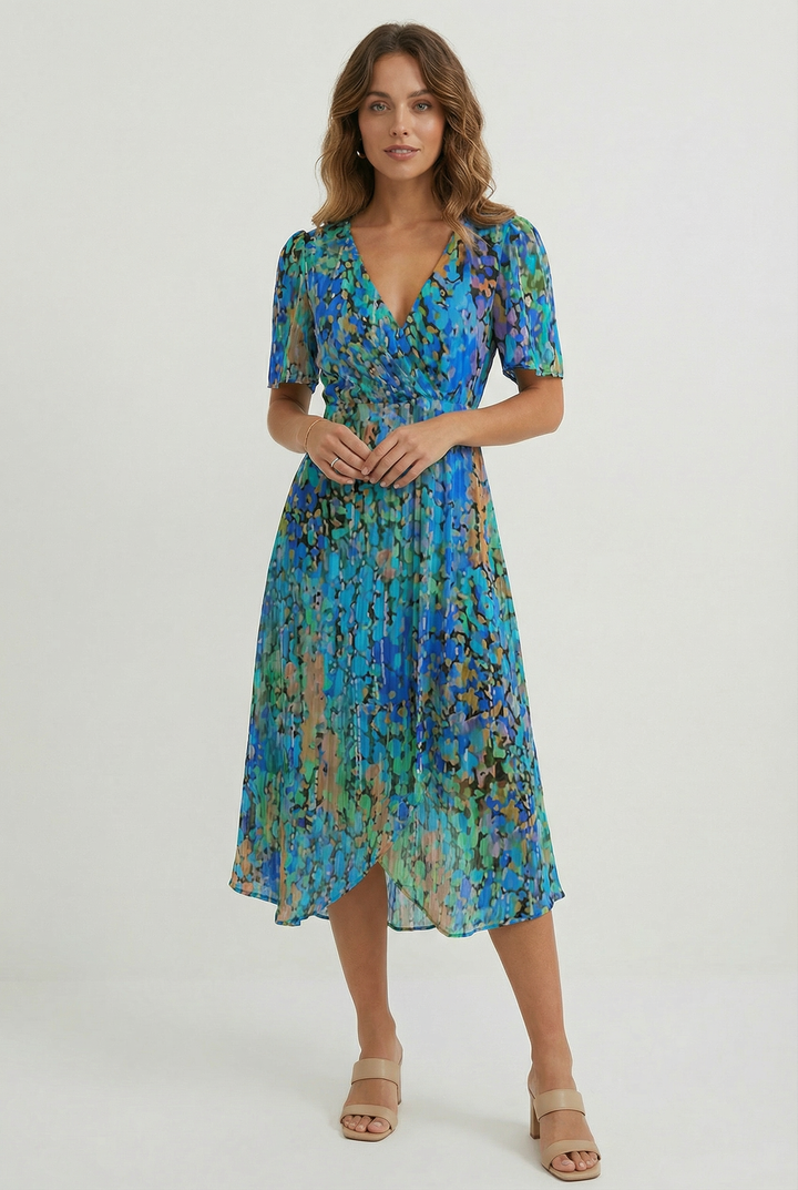 Women's elegant floral midi dress, perfect for summer parties, vacations, or casual spring wear. Flowy and stylish.