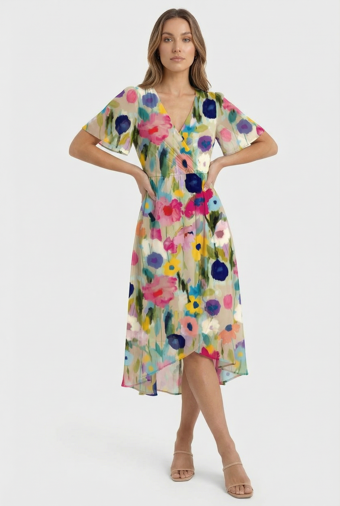 Comfortable women's floral midi dress, designed for elegant summer events, casual outings, or stylish vacation wear.