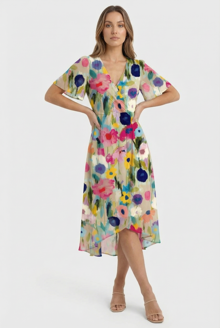 Comfortable women's floral midi dress, designed for elegant summer events, casual outings, or stylish vacation wear.