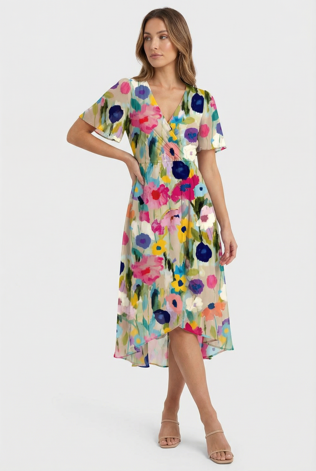 Chic women's midi dress with a beautiful floral pattern and flowy design. Perfect elegant summer and spring fashion.