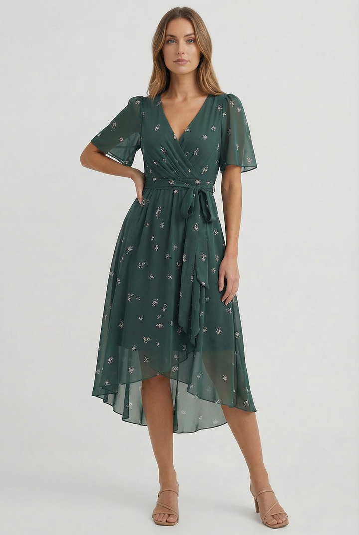 Versatile women's floral midi dress, ideal for summer, spring, parties, and vacations. Elegant and casual style.