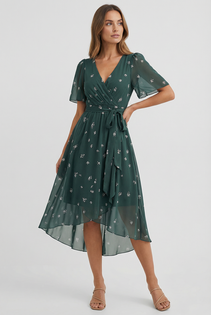 Elegant women's floral midi dress for summer. Flowy, comfortable, and perfect for spring casual or party wear.