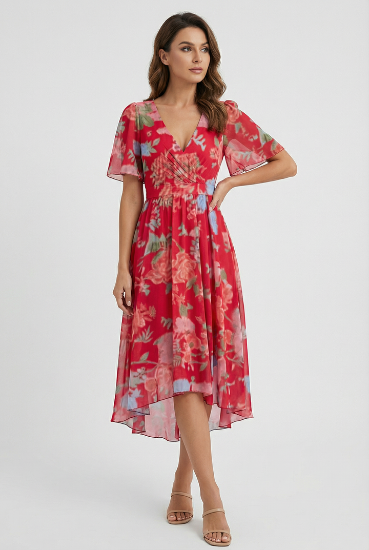 Women's summer floral midi dress, elegant and flowy. Great for spring fashion, party dress, or vacation style.