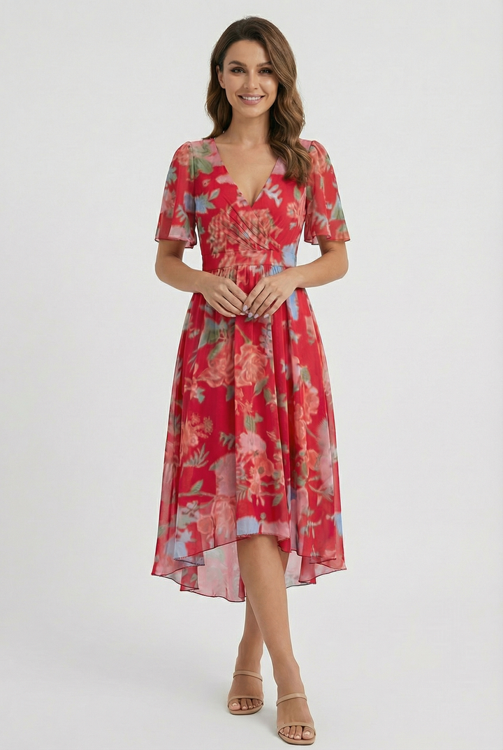Stylish women's floral midi dress, a key piece for elegant summer and spring fashion. Flowy and comfortable.