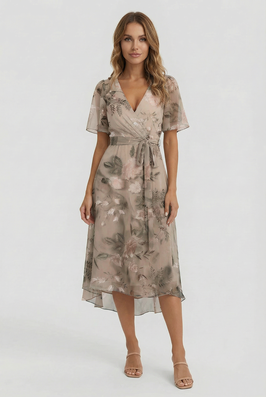 Women's elegant floral midi dress, ideal for summer parties or vacation. Features a beautiful print and flowy style.