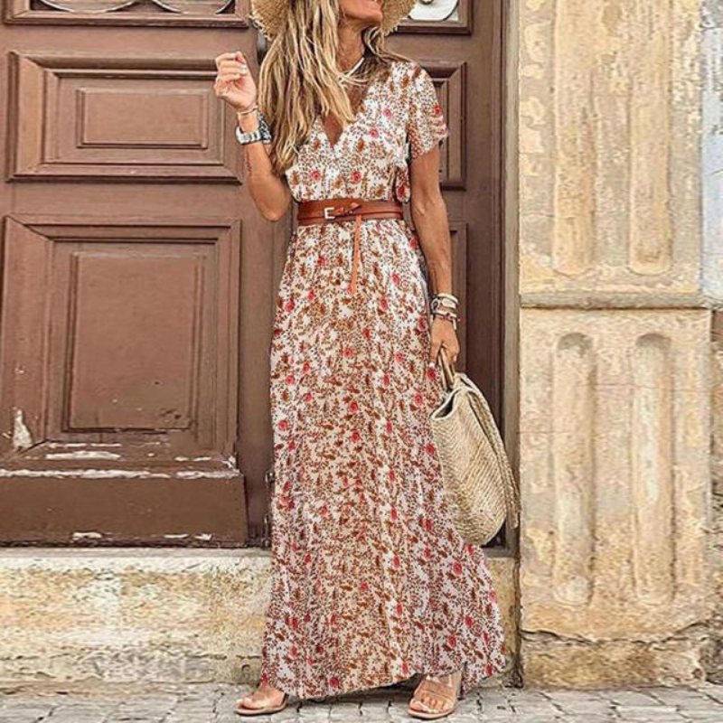 Women's elegant floral midi dress with short sleeves and belt, perfect for summer vacation
