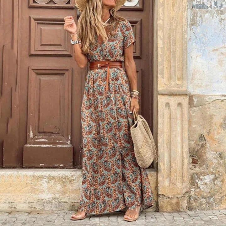 Casual yet elegant women's floral print midi dress, belted, with comfortable short sleeves