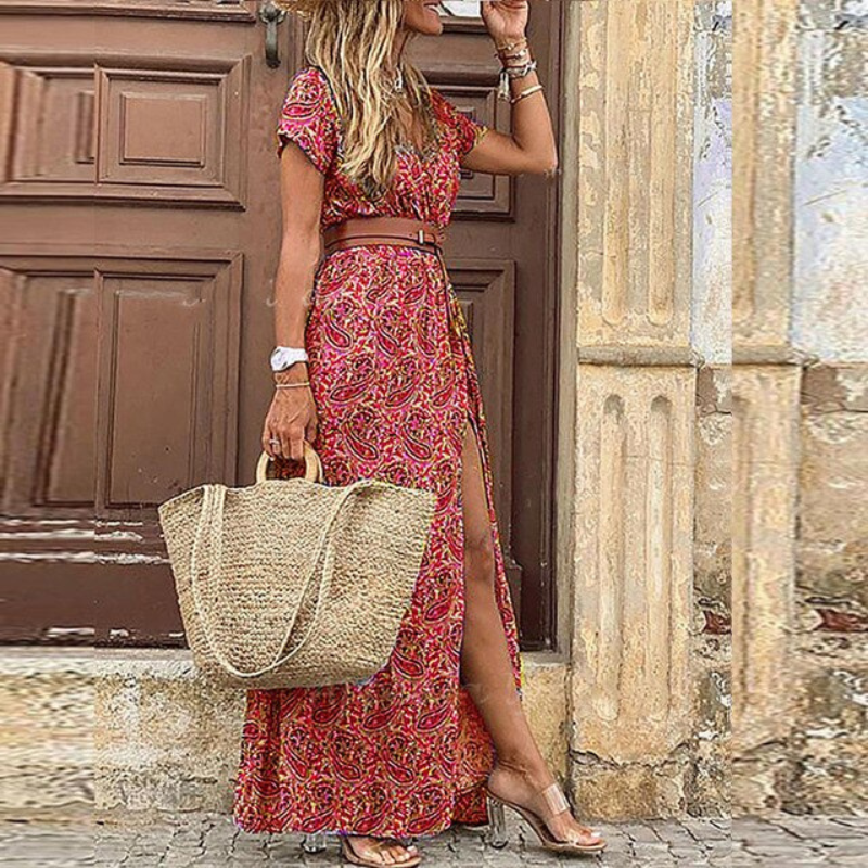 Summer vacation women's midi dress featuring floral pattern, belt, and short sleeves