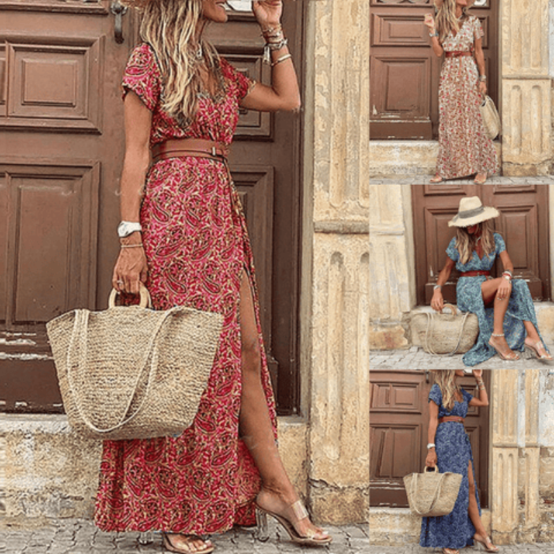 Women's chic floral belted midi dress with short sleeves, a versatile summer wardrobe essential