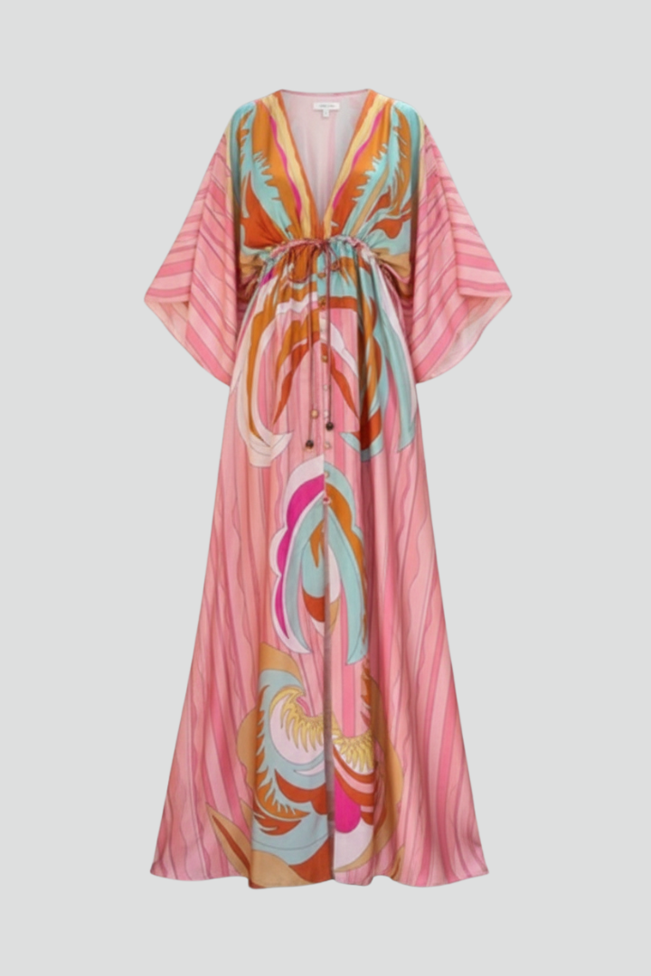 Women's elegant floral printed V-neck belted maxi dress, perfect for summer casual or vacation wear.
