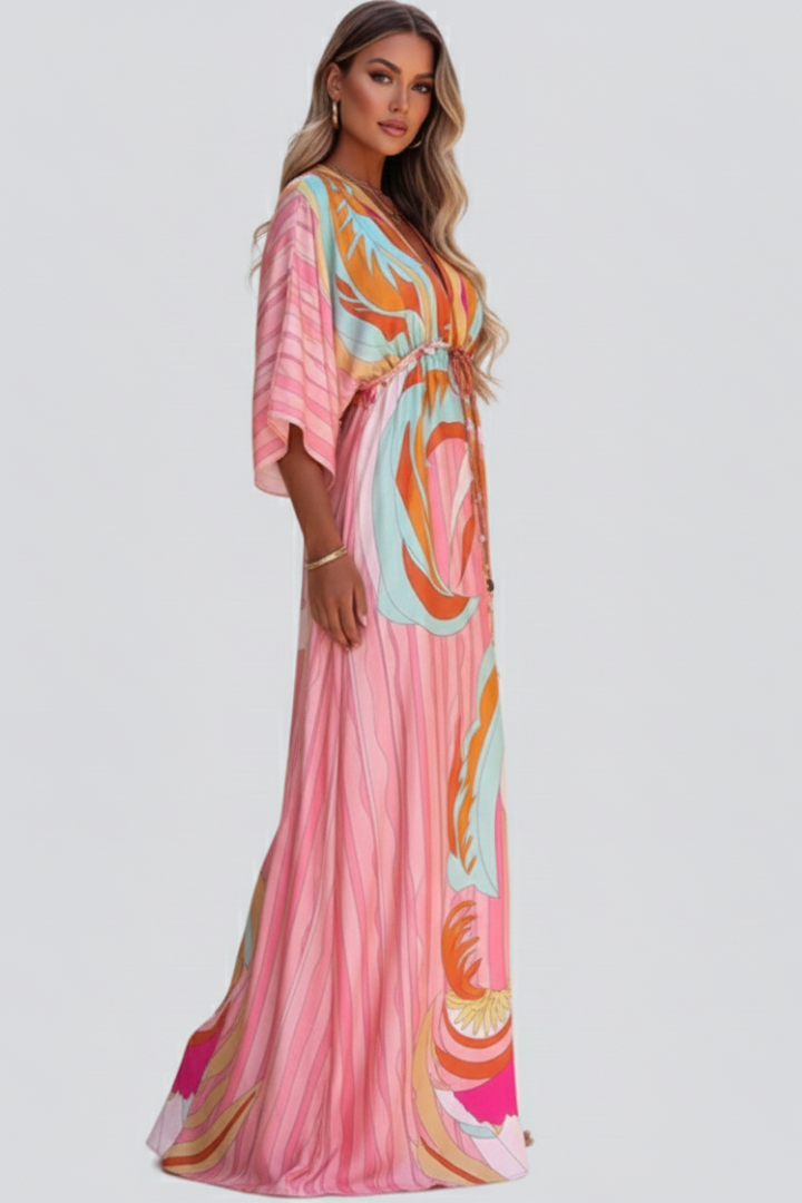Stylish women's printed V-neck maxi dress with a belt, ideal for a chic and comfortable look.