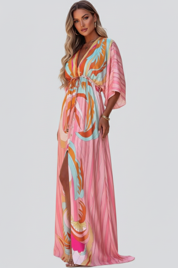 Casual yet elegant women's belted maxi dress featuring a beautiful print and a V-neck design.