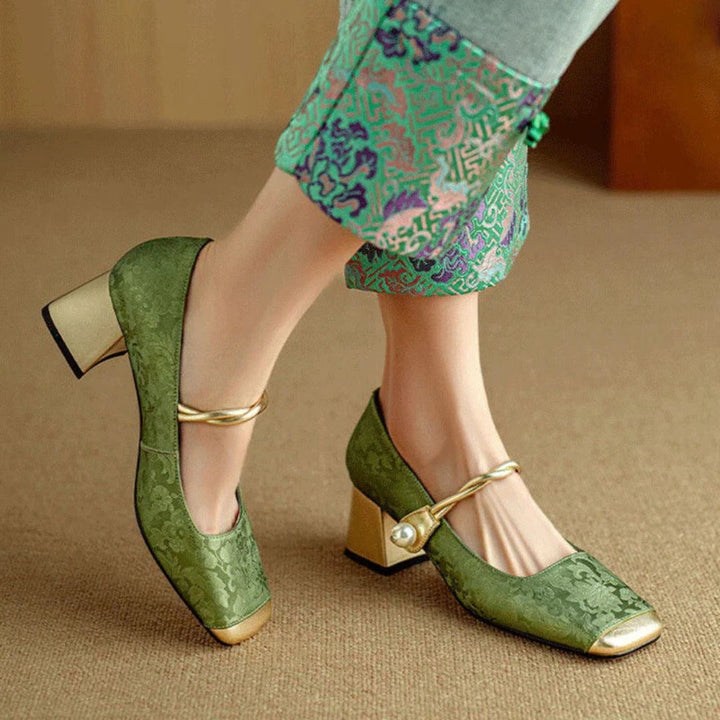 Women's elegant gold-capped pearl strap heels, square toe, ideal for parties and formal events