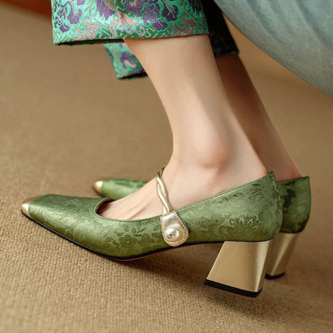 Gold heels for women featuring a chic pearl strap and jacquard detailing, perfect fashion heels