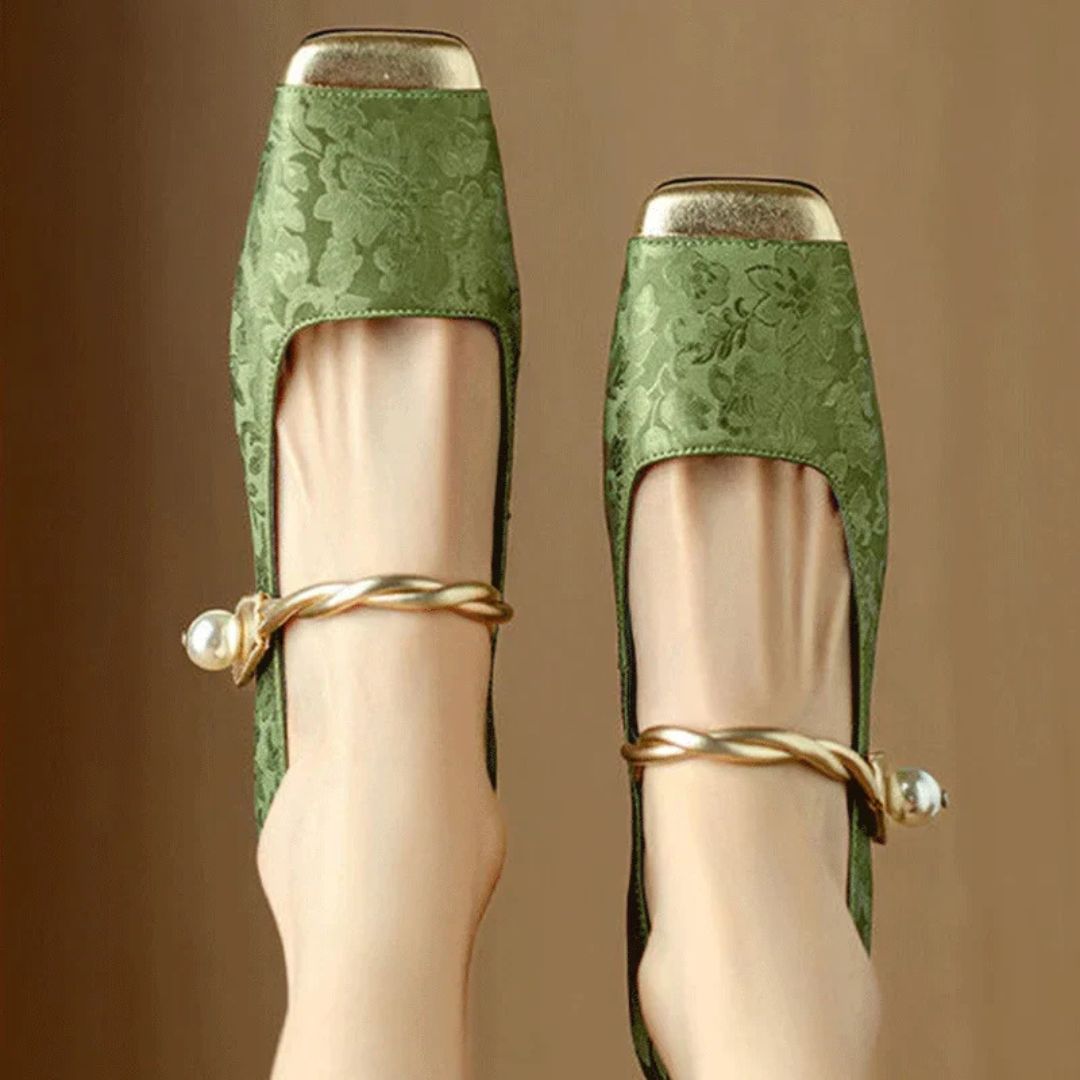 Elegant women's square toe heels with gold caps and sophisticated pearl ankle strap
