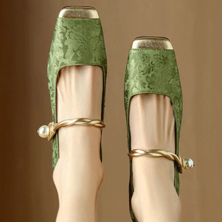Elegant women's square toe heels with gold caps and sophisticated pearl ankle strap