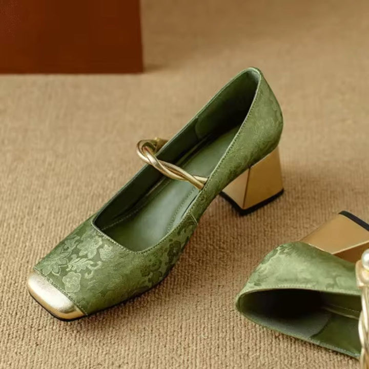 Party heels: women's formal gold-accented pearl strap heels with a stylish square toe design