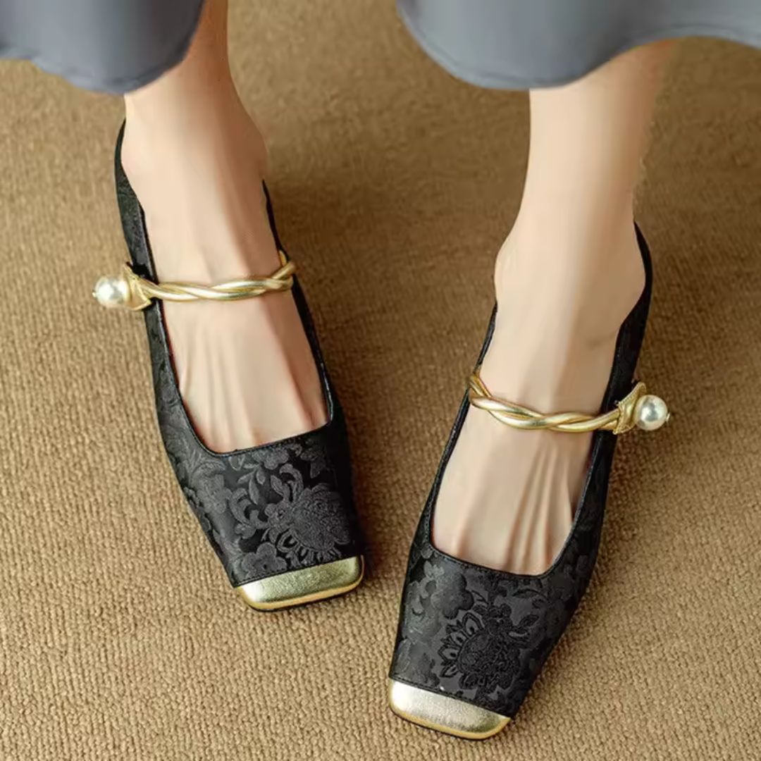 Fashion heels: women's gold-capped pearl strap heels, a blend of elegance and modern square toe