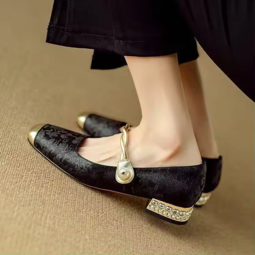 Jacquard women's heels with luxurious gold caps and delicate pearl ankle strap, formal footwear