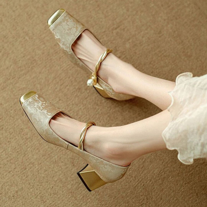 Gold heels for women with a unique pearl strap and square toe, excellent for elegant occasions