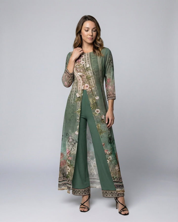 Women's elegant green floral wide-leg jumpsuit, perfect for formal occasions, parties & wedding guests.