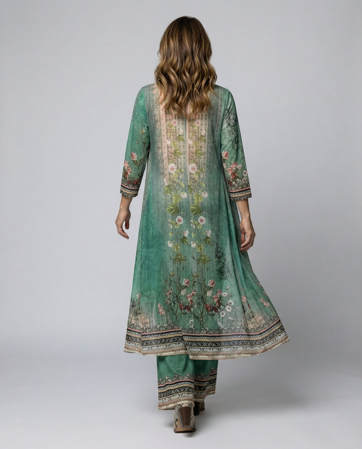 Comfortable women's floral wide-leg jumpsuit in green, ideal for elegant party outfits & special occasions.