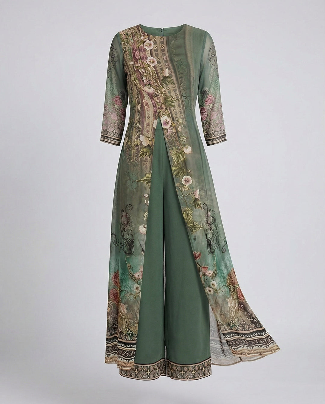Stylish green floral wide-leg jumpsuit for women, a chic choice for formal wear and evening events.