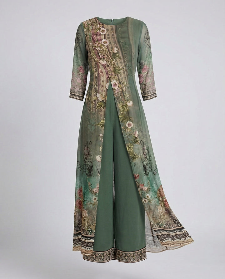 Stylish green floral wide-leg jumpsuit for women, a chic choice for formal wear and evening events.