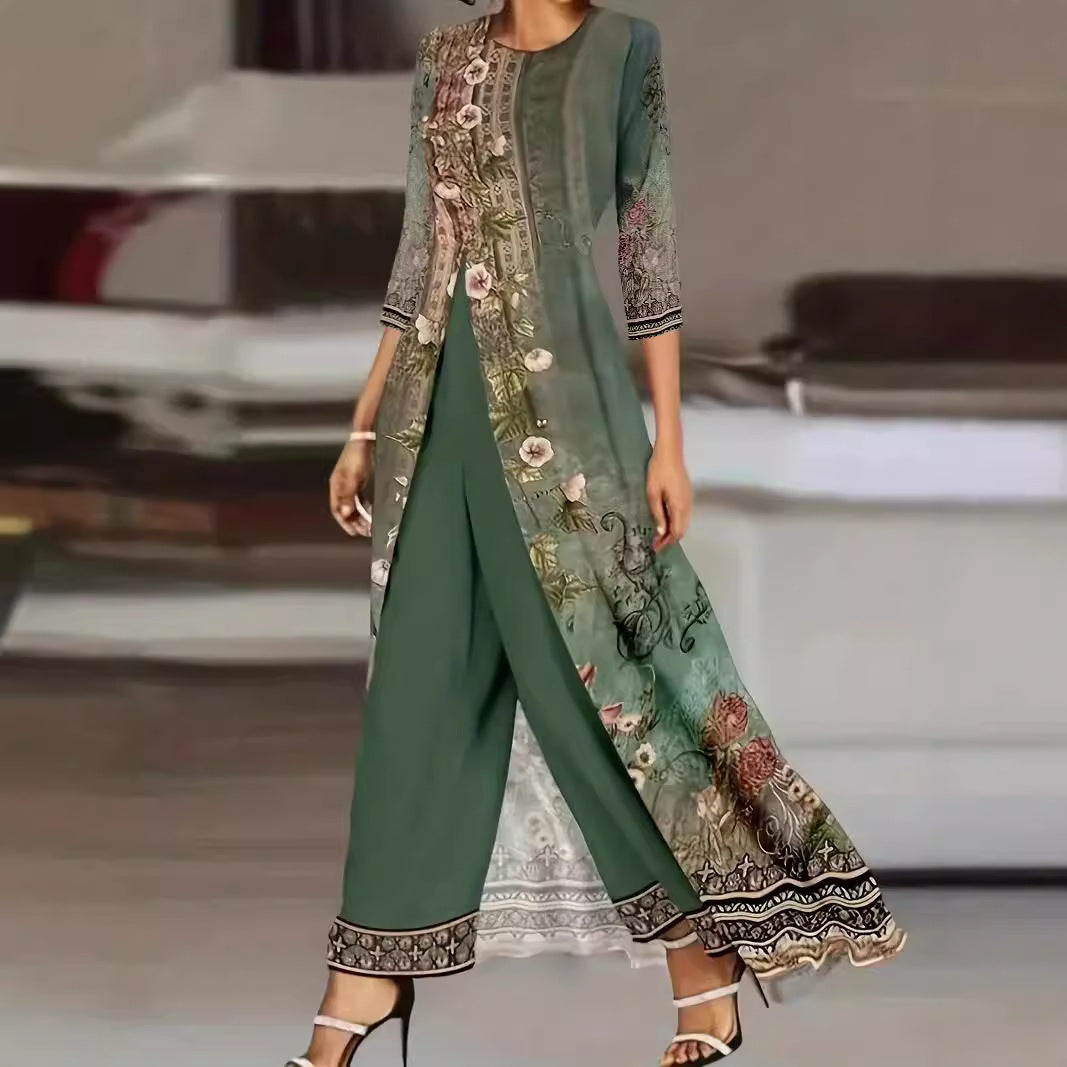Women's elegant green floral V-neck wide-leg jumpsuit, a comfortable and stylish formal party outfit.