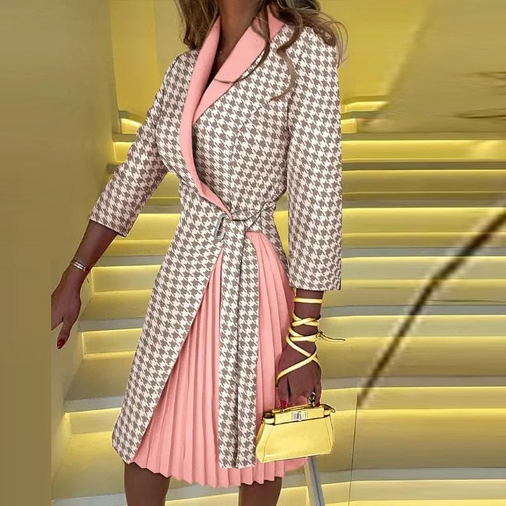Women's elegant houndstooth blazer dress, a chic & versatile midi style with belted waist.