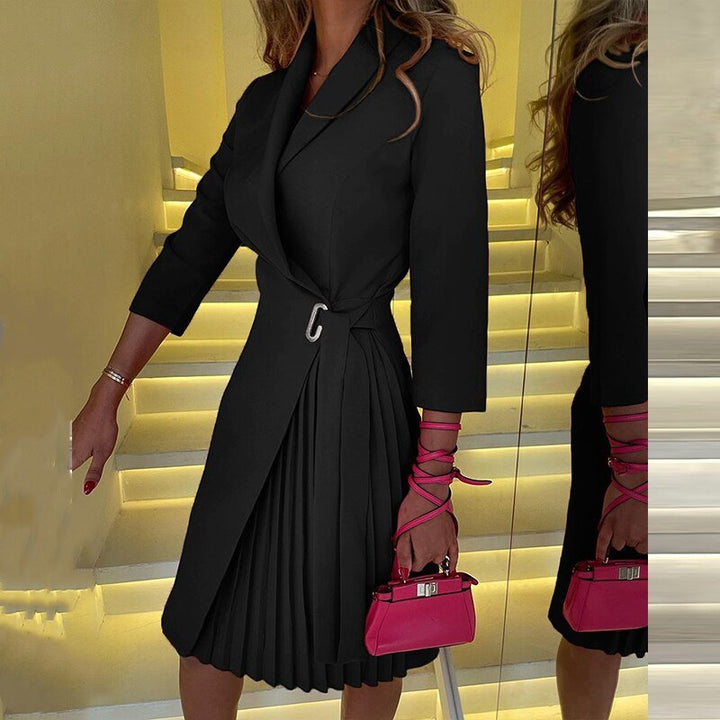 Professional women's houndstooth blazer midi dress, styled for office fashion & modern workwear.