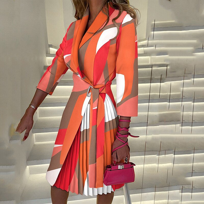 Stylish lapels & belted waist detail on a women's elegant houndstooth blazer dress.