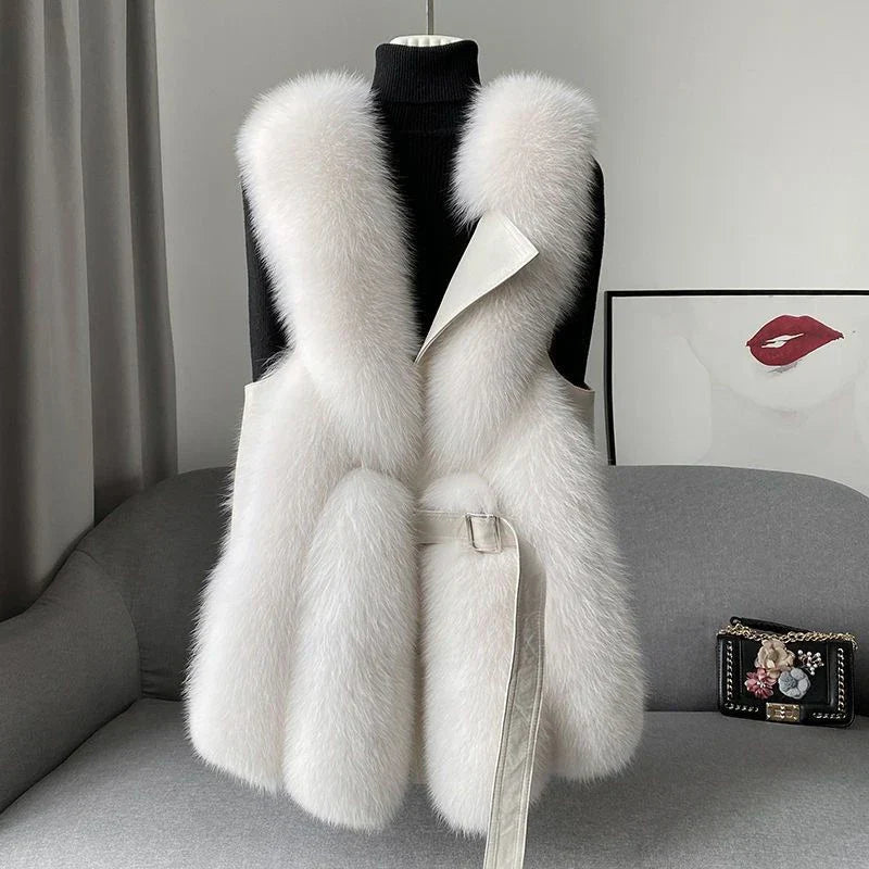 Women's elegant ivory faux fur fluffy vest, perfect for chic layering or winter outerwear fashion.