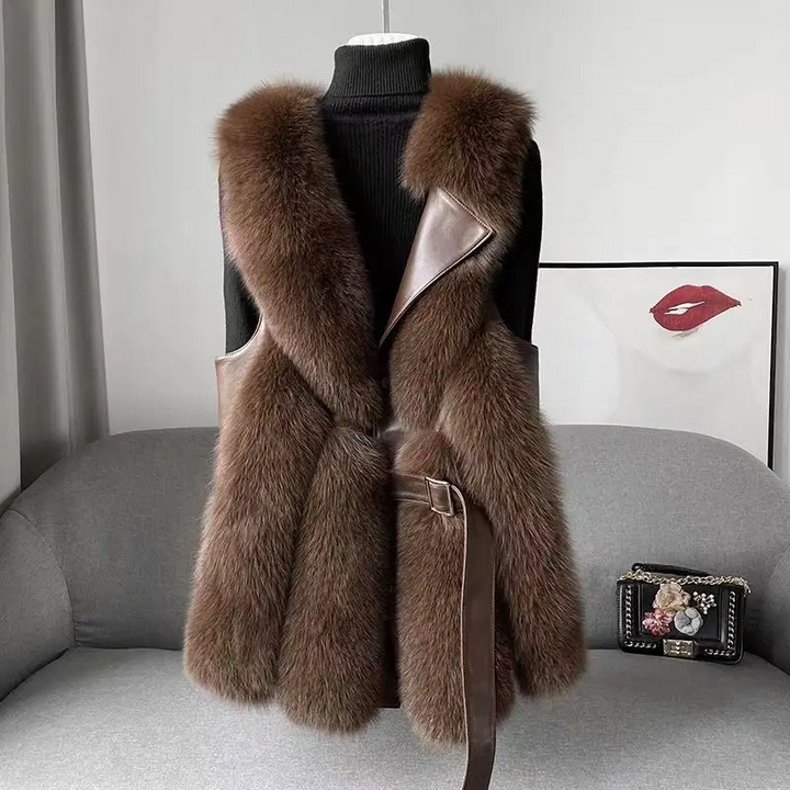 Close-up of a women's fluffy faux fur vest in a sophisticated hue, ideal for cold weather outerwear.
