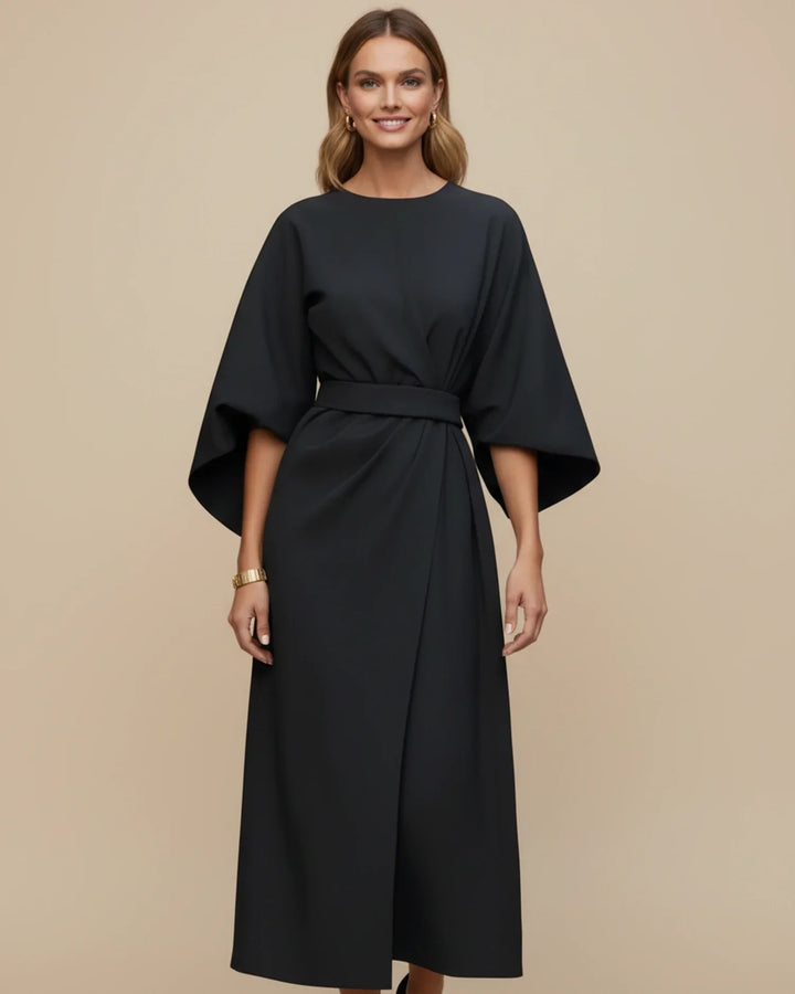 Women's elegant lantern sleeve belted wrap midi dress in a flattering design.