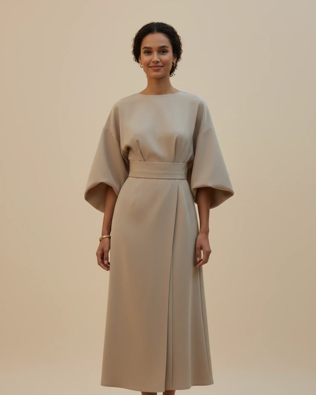 Professional women's belted wrap midi dress with elegant lantern sleeves for office style.