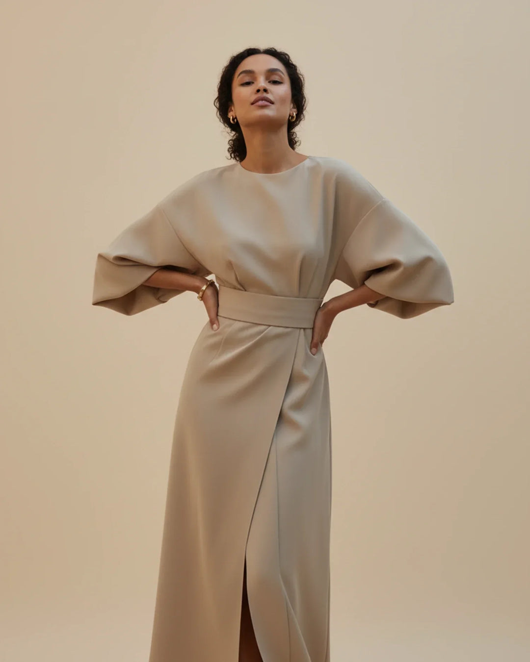 Red women's lantern sleeve wrap midi dress, a stunning piece for any event.