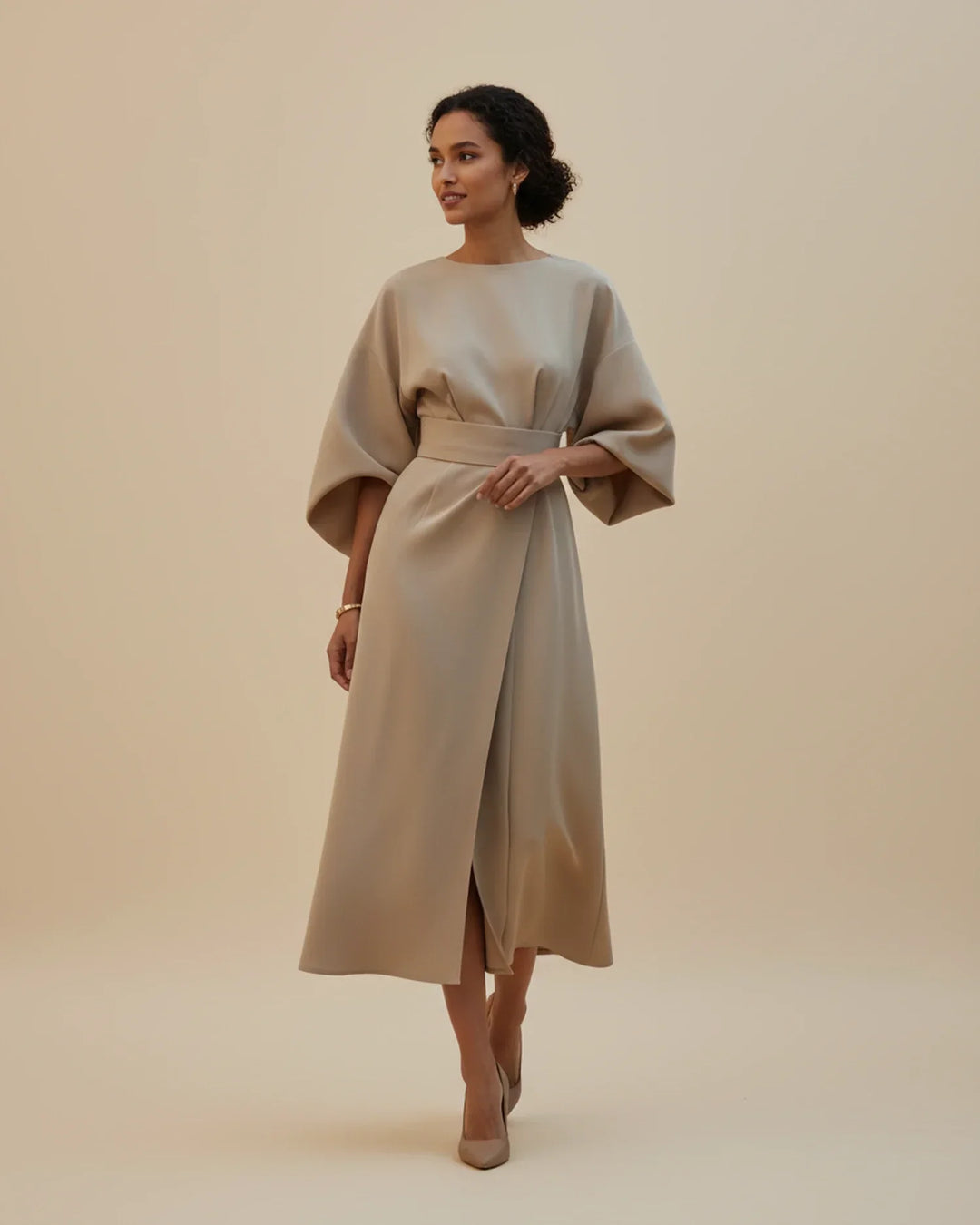 Flowy women's midi wrap dress with beautiful lantern sleeves, perfect for summer.