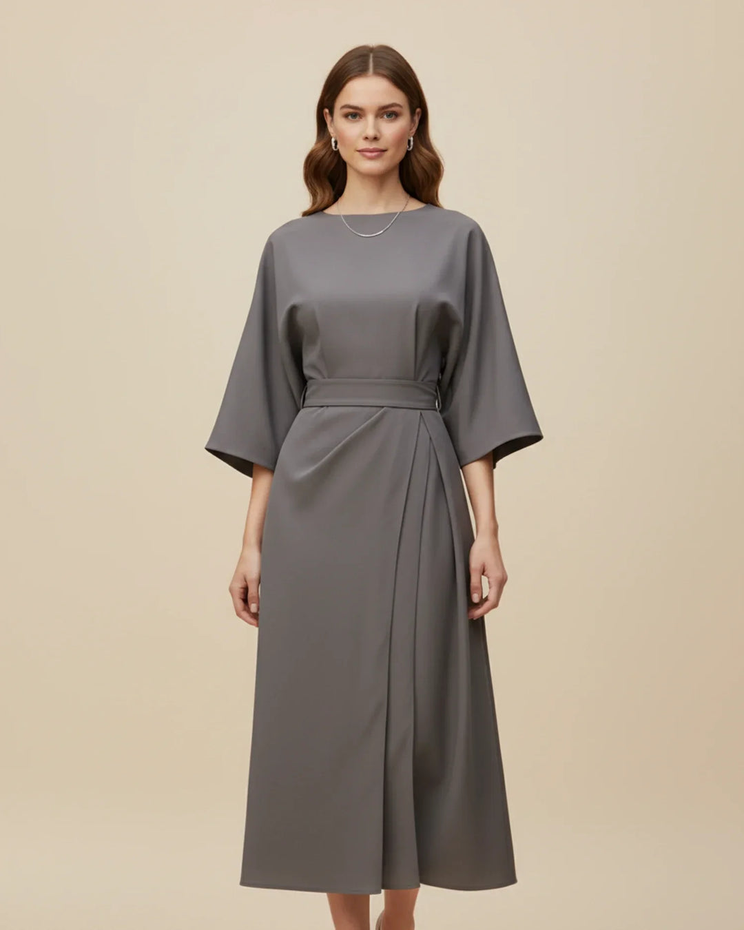 Women's sophisticated lantern sleeve midi dress, a flattering belted wrap design.