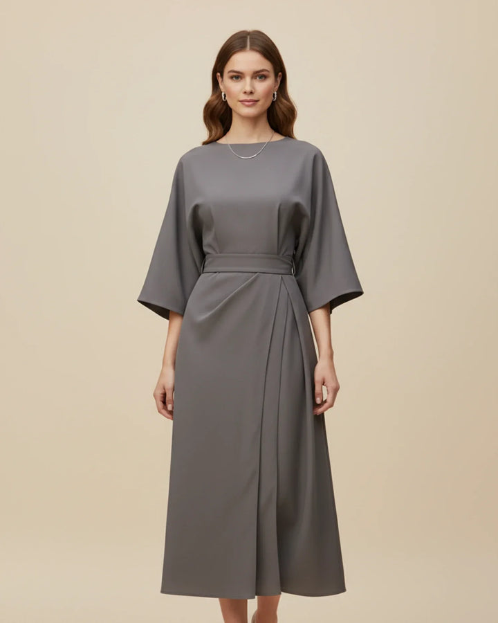 Women's sophisticated lantern sleeve midi dress, a flattering belted wrap design.
